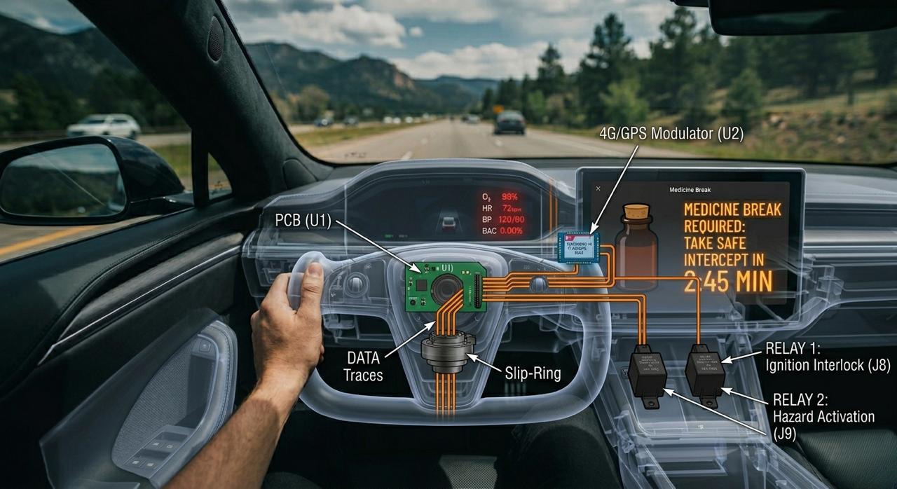 Steering wheel electronics integration — PCB, slip-ring, 4G/GPS modulator, CAN relays